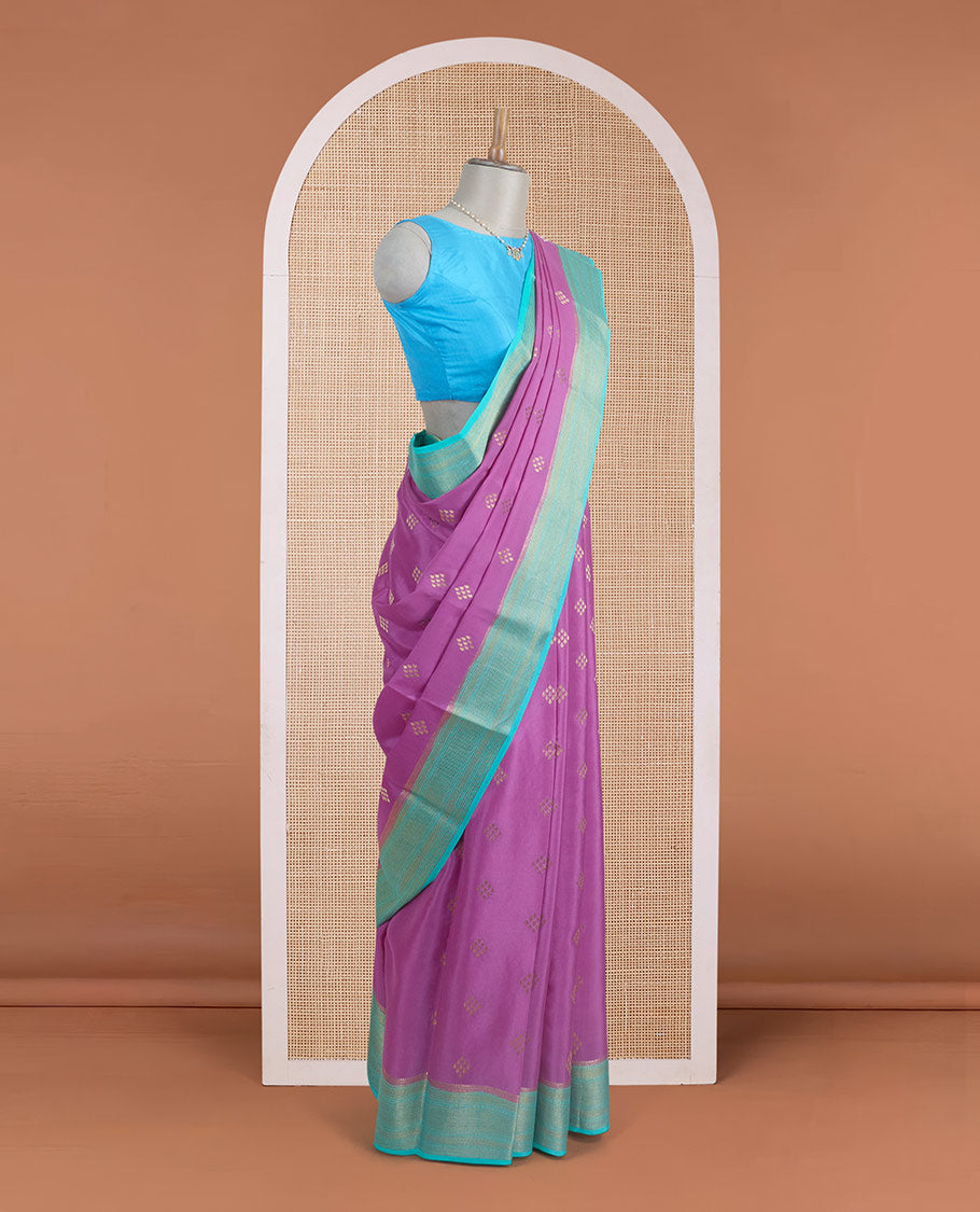 Pink diamond Zari buttas Mysore silk saree, contrast traditional zari border, and gleaming zari woven jaal pallu