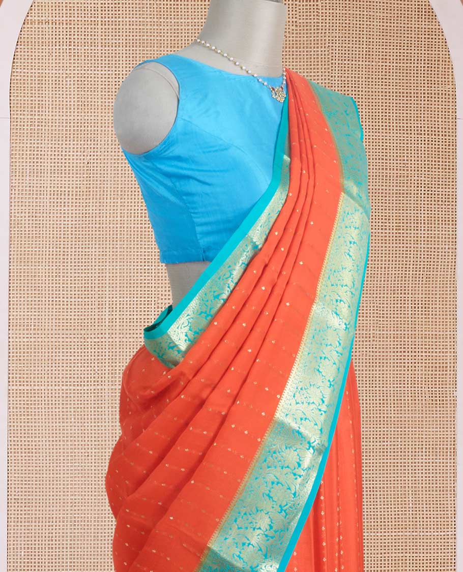 Orange zari buttas Mysore silk saree, contrast traditional zari border, and jaal pallu