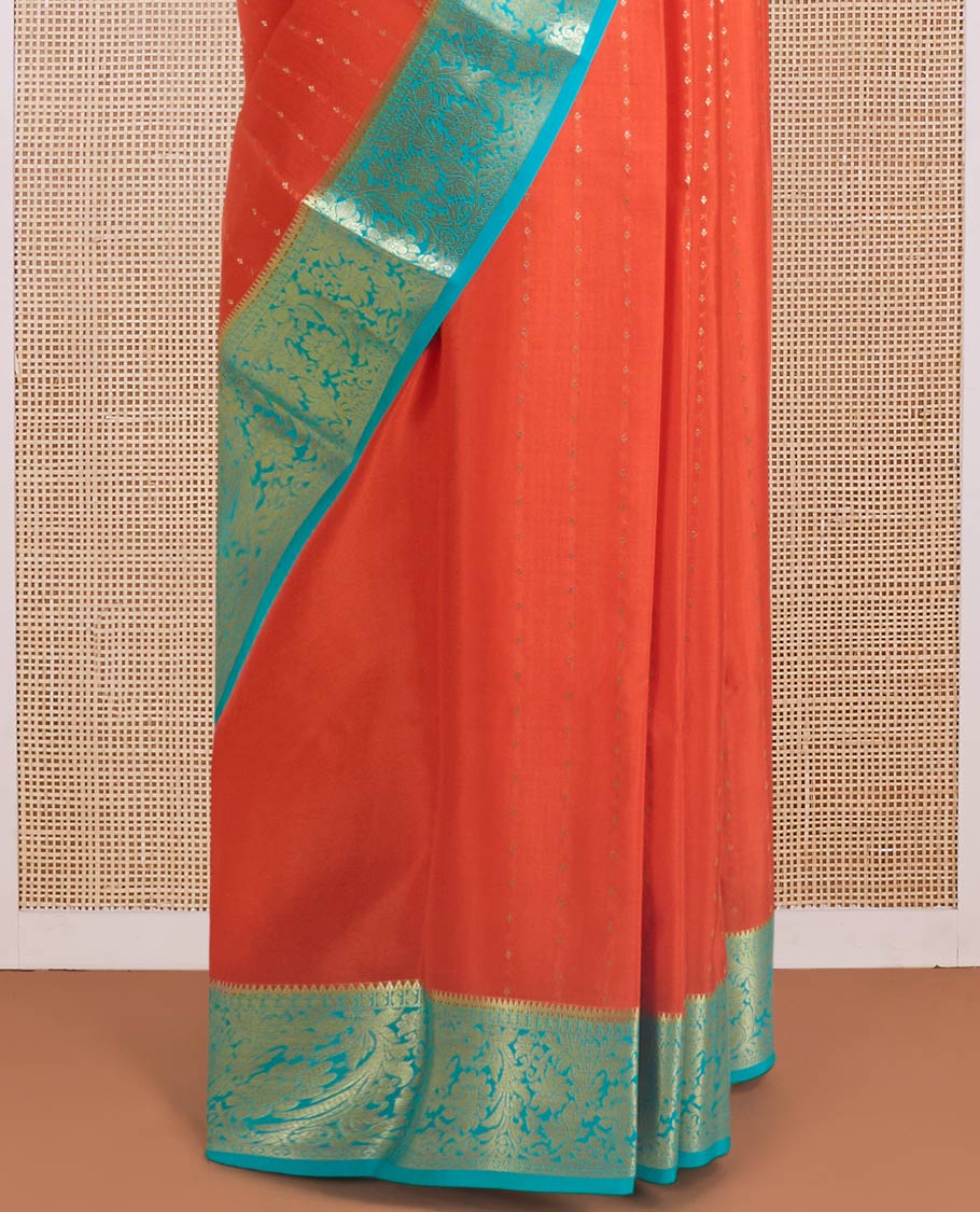 Orange zari buttas Mysore silk saree, contrast traditional zari border, and jaal pallu