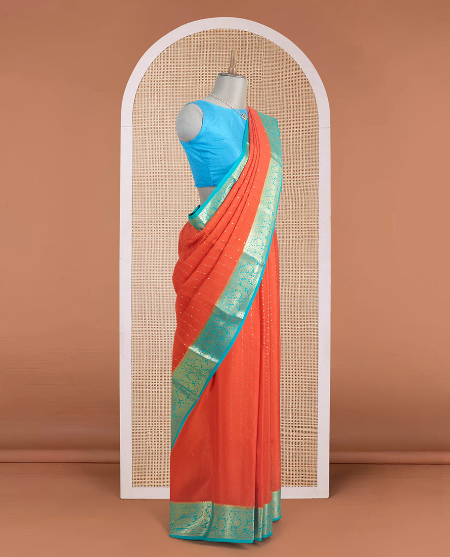 Orange zari buttas Mysore silk saree, contrast traditional zari border, and jaal pallu