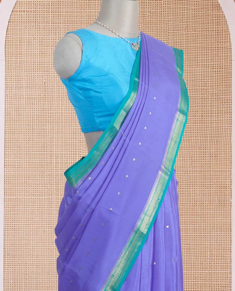 Violet tiny zari buttas Mysore silk saree, contrast traditional zari border, and zari striped pallu
