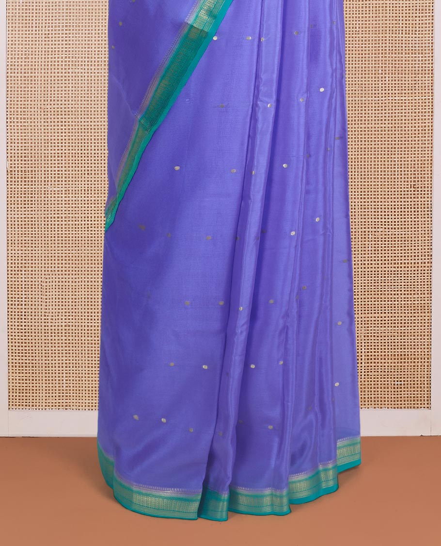 Violet tiny zari buttas Mysore silk saree, contrast traditional zari border, and zari striped pallu