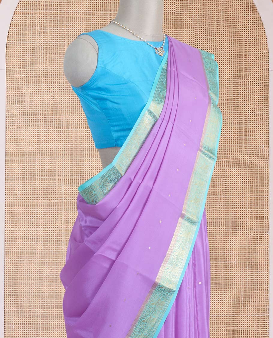 Purple zari buttas Mysore silk saree, contrast traditional zari border, and zari design pallu