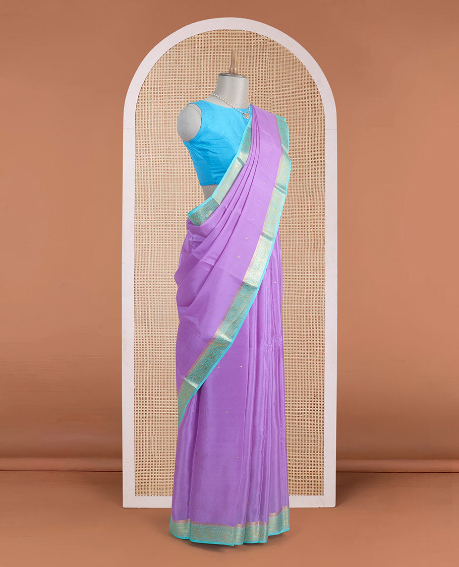 Purple zari buttas Mysore silk saree, contrast traditional zari border, and zari design pallu