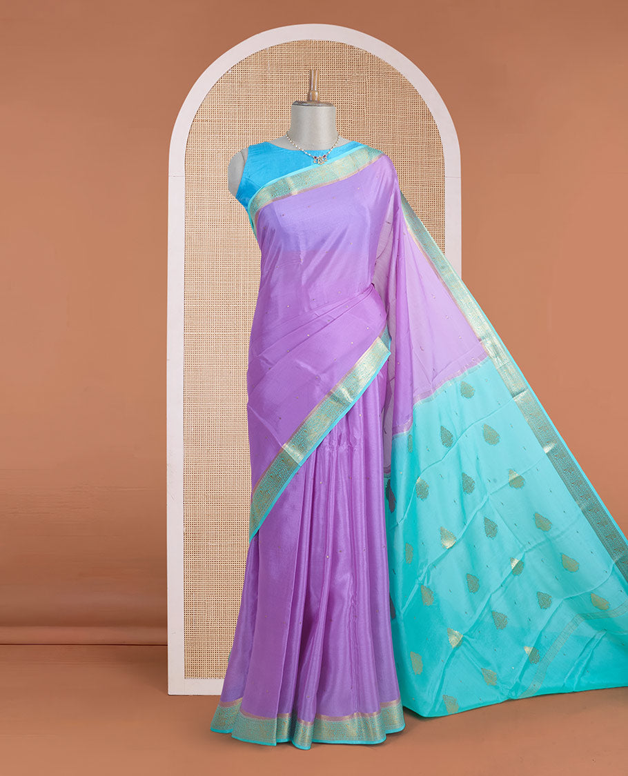 Purple zari buttas Mysore silk saree, contrast traditional zari border, and zari design pallu