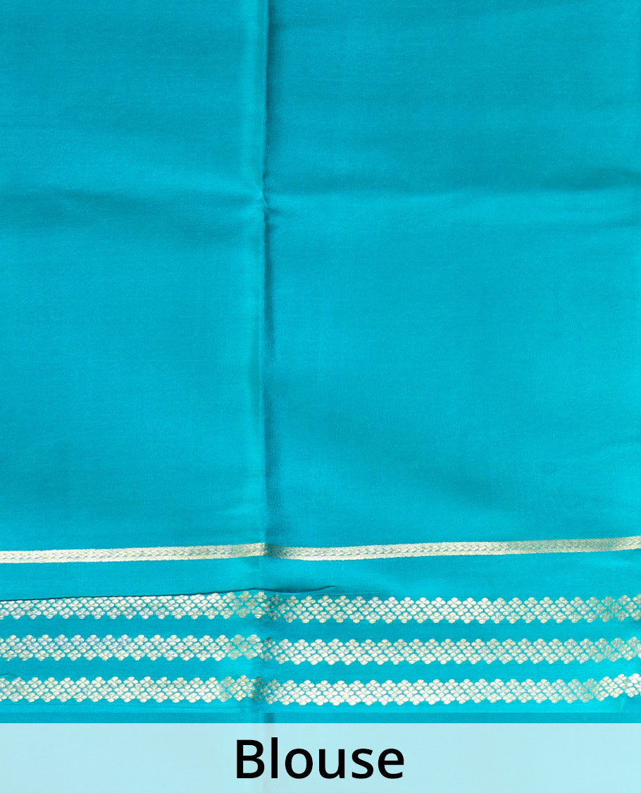 Blue plain design Mysore silk saree, contrast traditional rettai pettu border, and zari stripes pallu