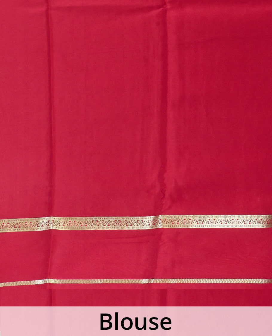 Cream zari buttas steeped Mysore silk saree, contrast rettai pettu traditional zari border, and pallu of temple design in golden zari