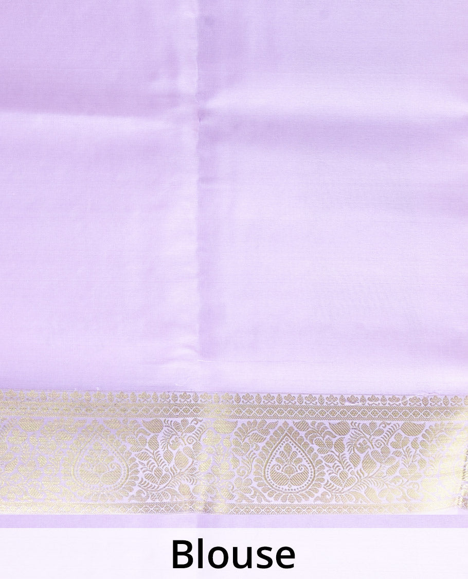 Cherry red zari buttas Mysore silk saree, contrast thilakam motif zari border, and leaf jaal zari-rich pallu