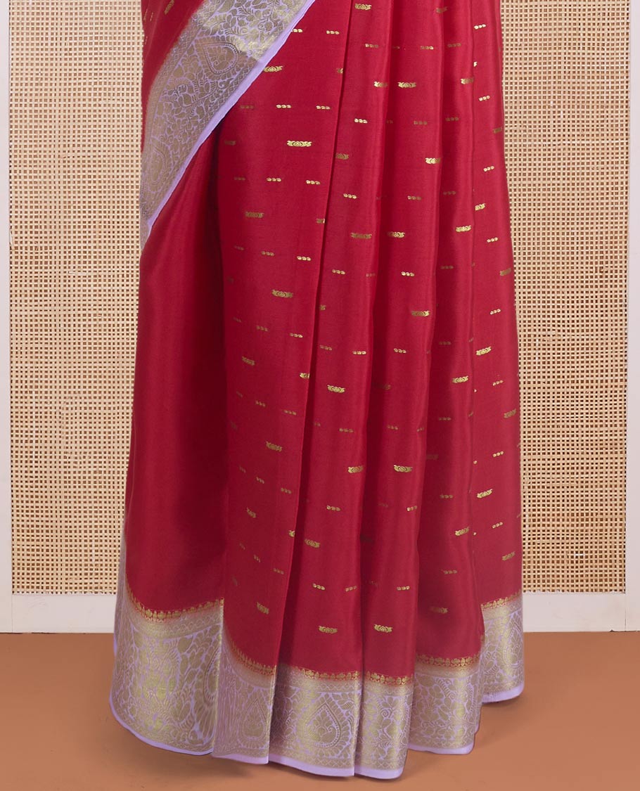 Cherry red zari buttas Mysore silk saree, contrast thilakam motif zari border, and leaf jaal zari-rich pallu