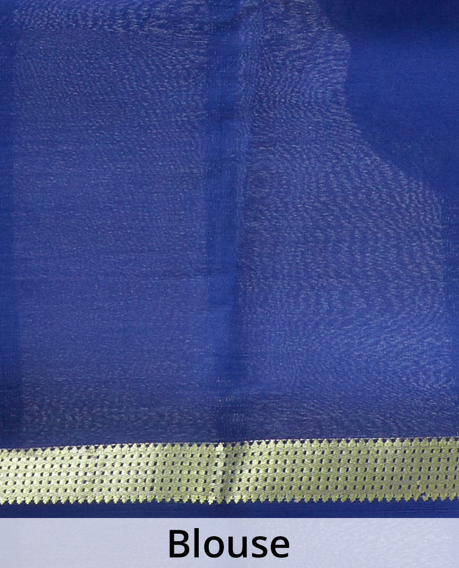 Dark blue plain design Mysore silk saree, traditional zari border, and zari striped pallu