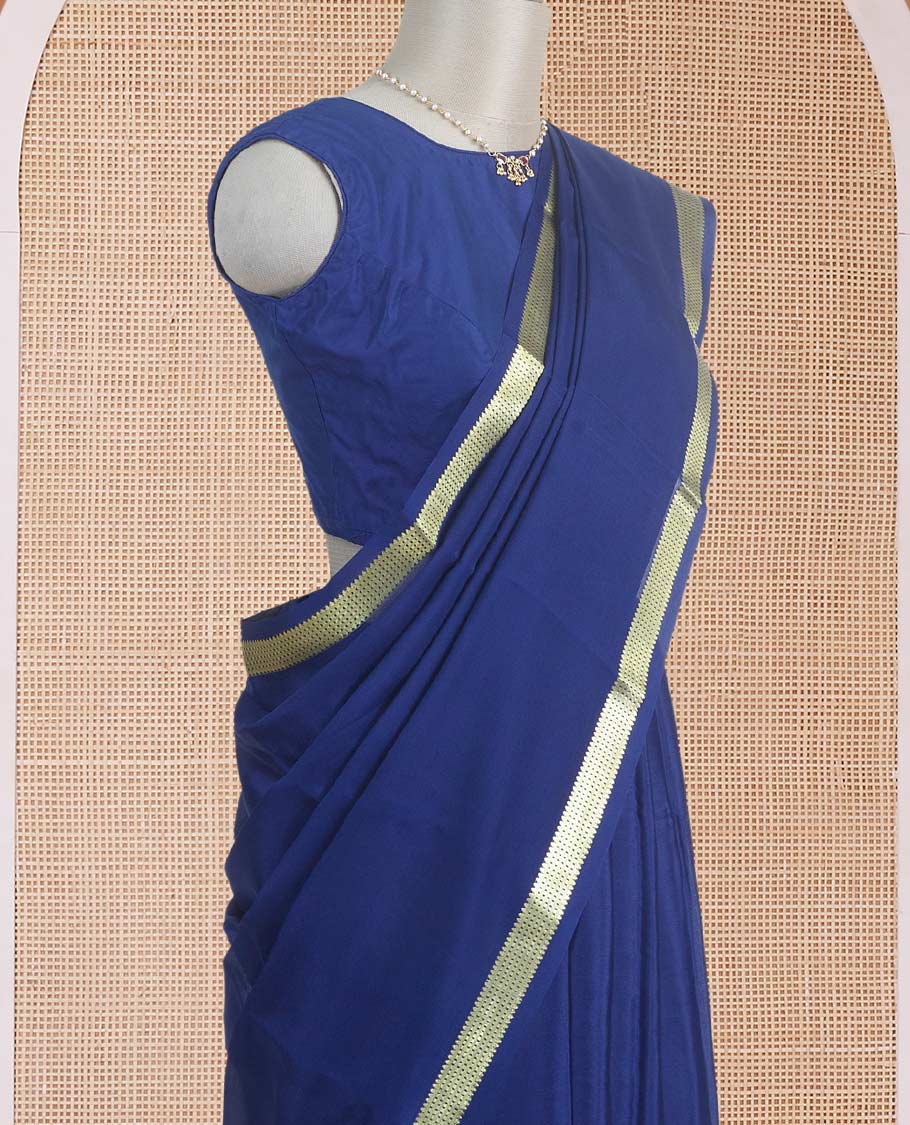 Dark blue plain design Mysore silk saree, traditional zari border, and zari striped pallu