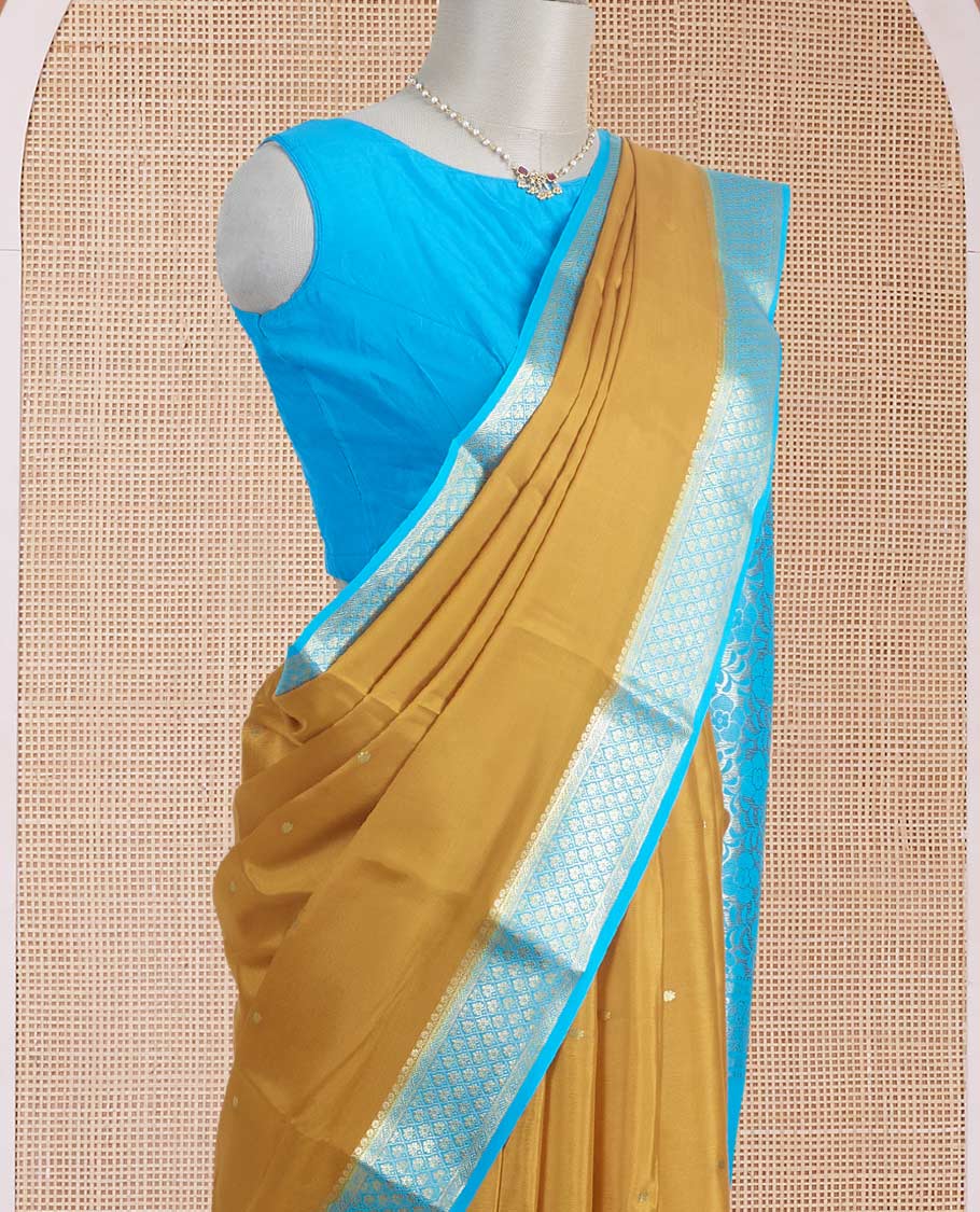 Mustard zari buttas Mysore silk saree, contrast jaal zari border, and floral jaal design zari woven pallu