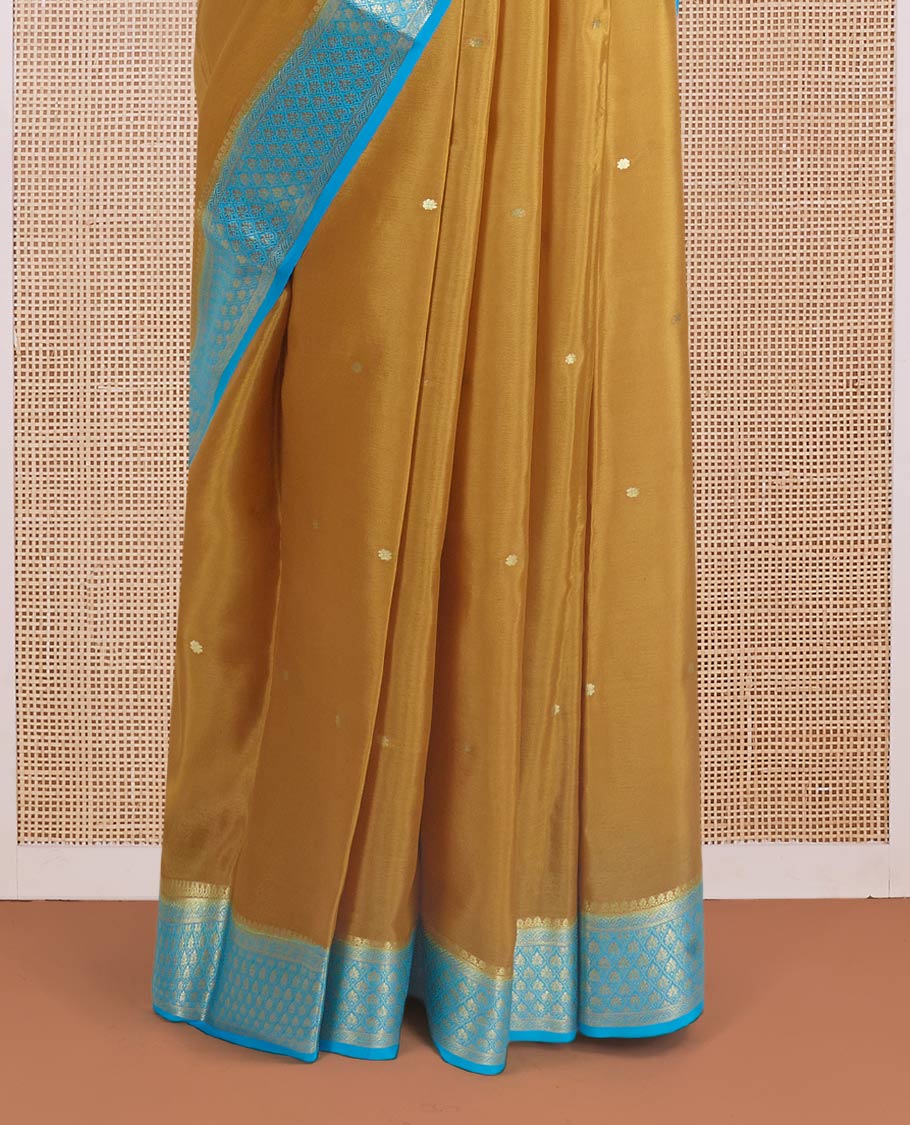 Mustard zari buttas Mysore silk saree, contrast jaal zari border, and floral jaal design zari woven pallu