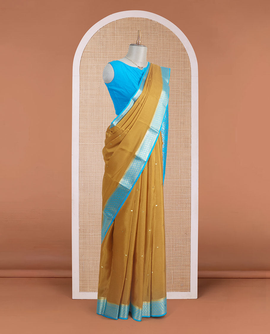 Mustard zari buttas Mysore silk saree, contrast jaal zari border, and floral jaal design zari woven pallu