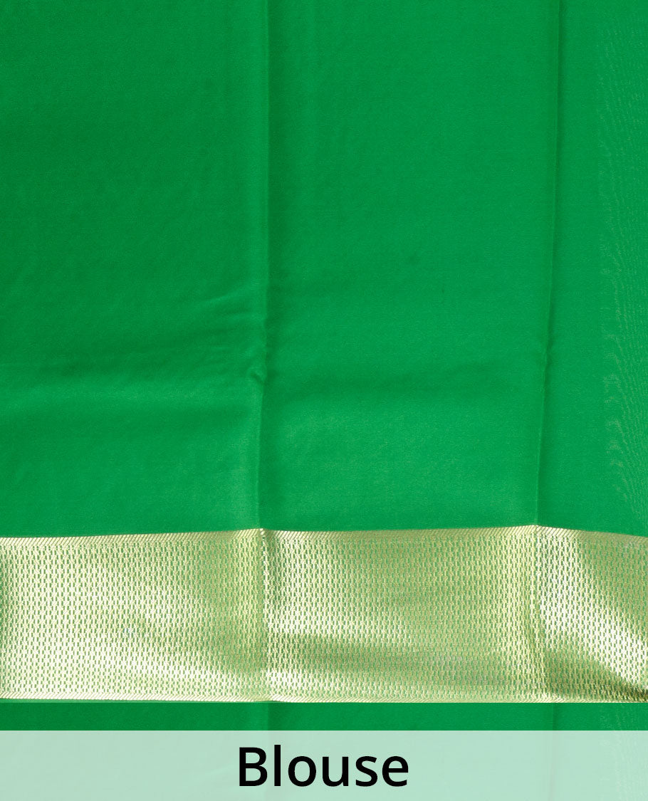 Red zari buttas Mysore silk saree, contrast traditional zari border, and pallu of diagonal stripes and geometric patterns in zari