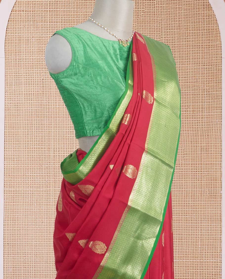 Red zari buttas Mysore silk saree, contrast traditional zari border, and pallu of diagonal stripes and geometric patterns in zari