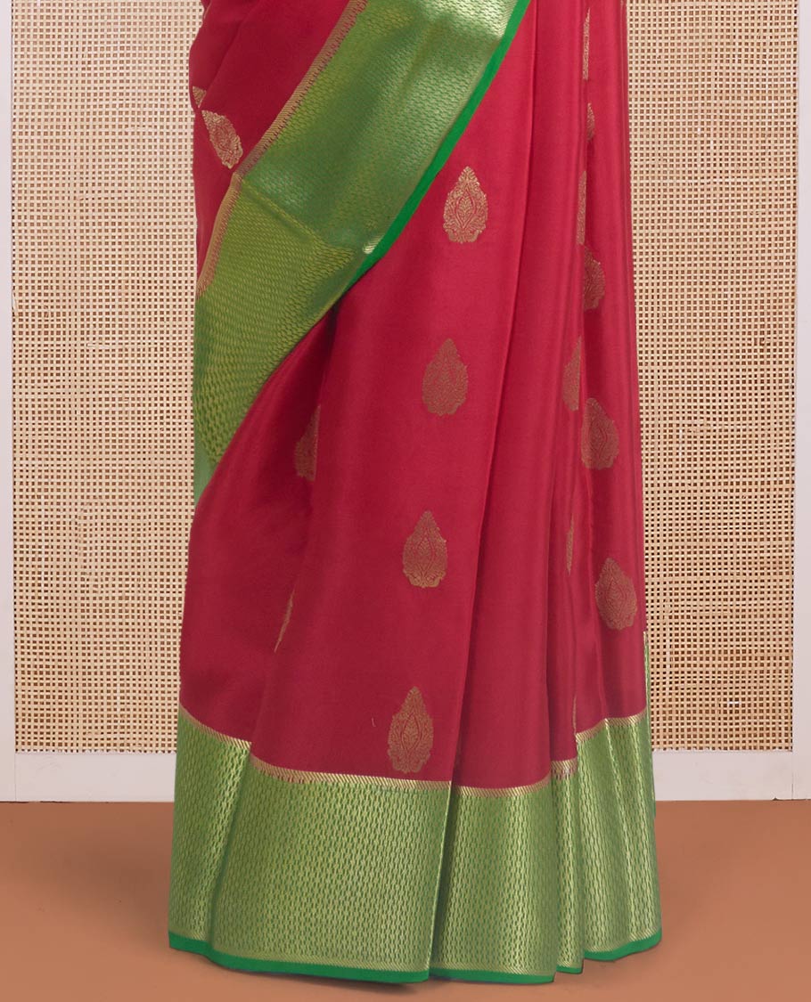 Red zari buttas Mysore silk saree, contrast traditional zari border, and pallu of diagonal stripes and geometric patterns in zari