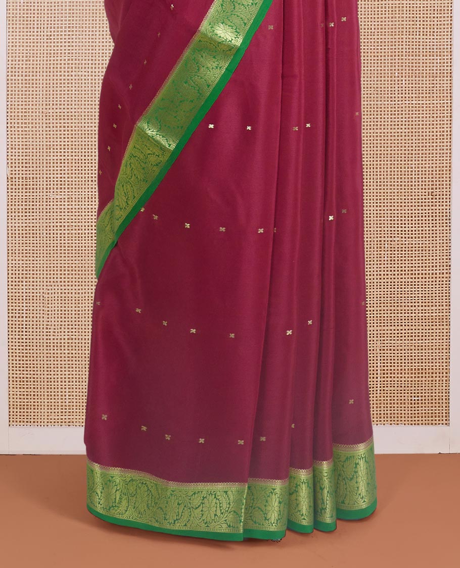 Maroon zari buttas Mysore silk saree, contrast traditional zari border, and zari motifs woven pallu