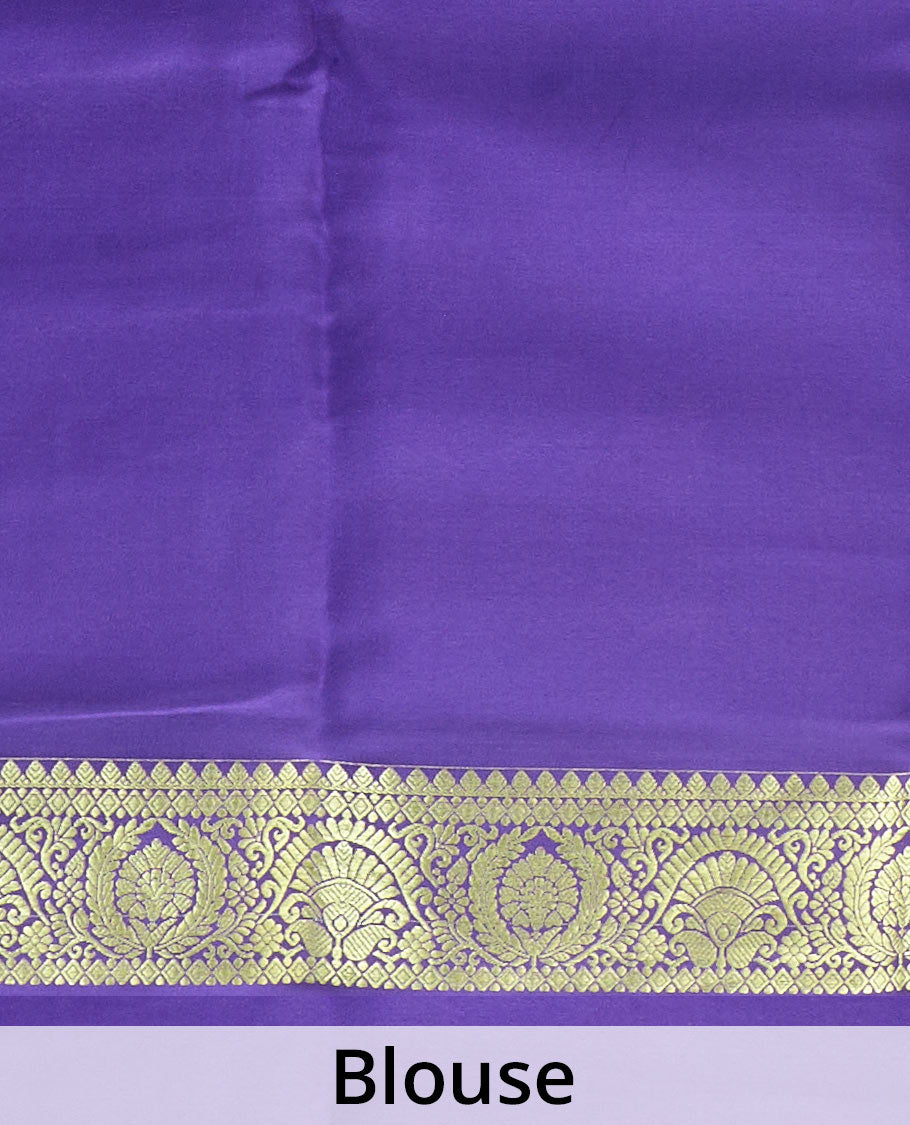 Light sandal zari buttas woven Mysore silk saree, contrast intricate zari border, and jaal patterned pallu
