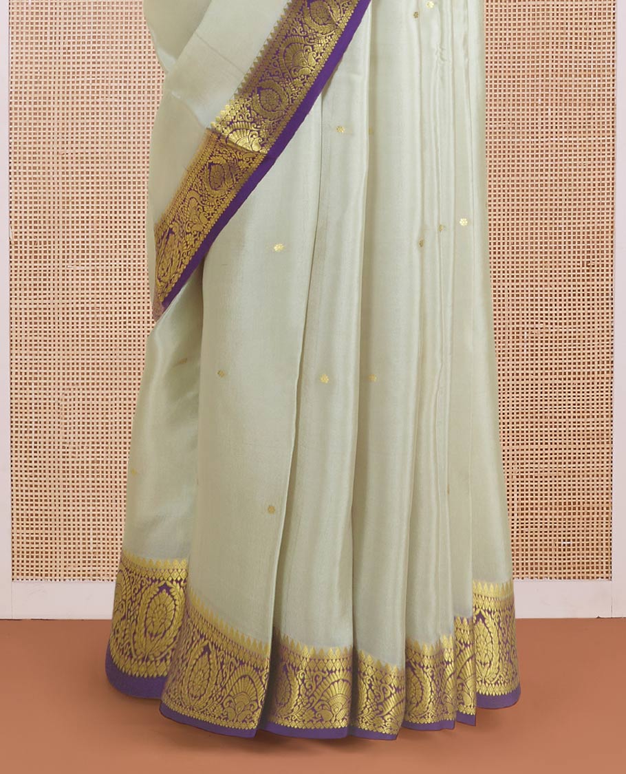 Light sandal zari buttas woven Mysore silk saree, contrast intricate zari border, and jaal patterned pallu