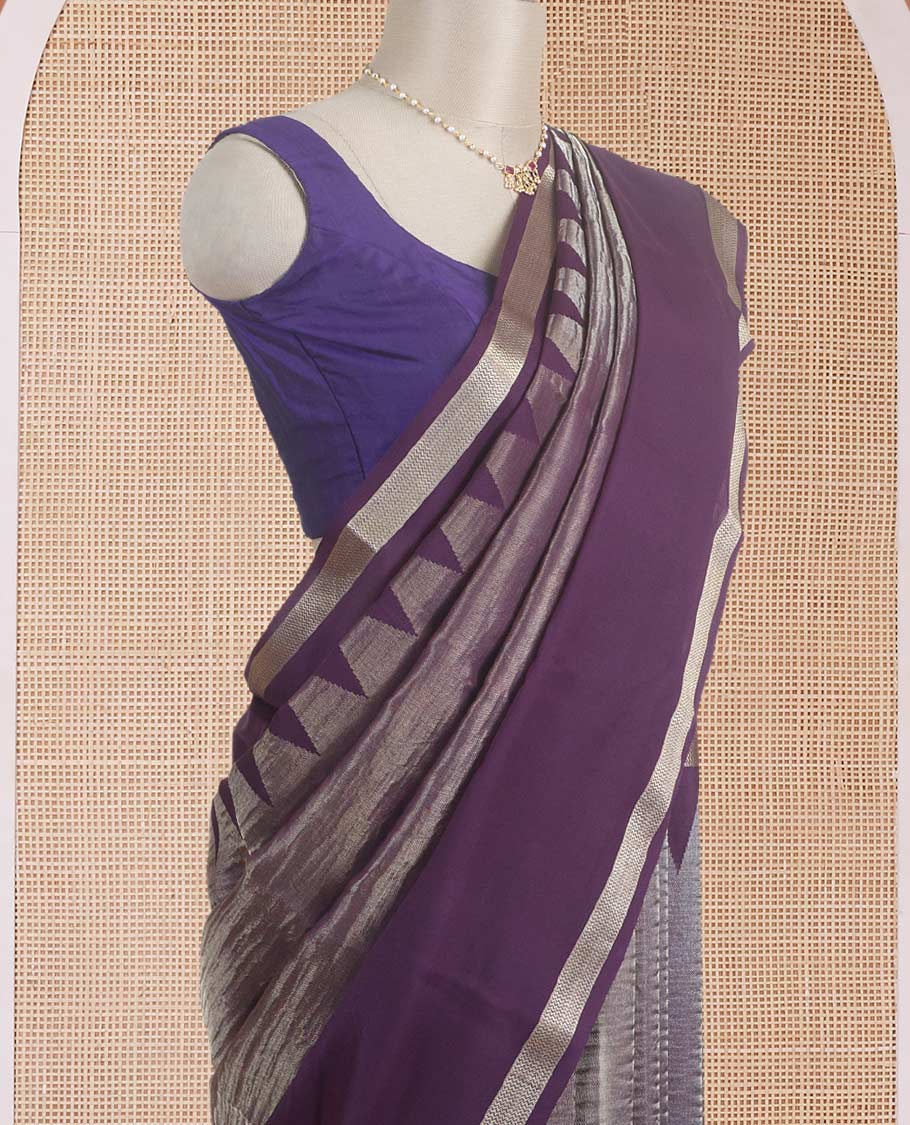 Gleaming purple crushed style plain Mysore silk saree, contrast temple traditional rettai pettu zari border, and pallu steeped with Pichwai motifs