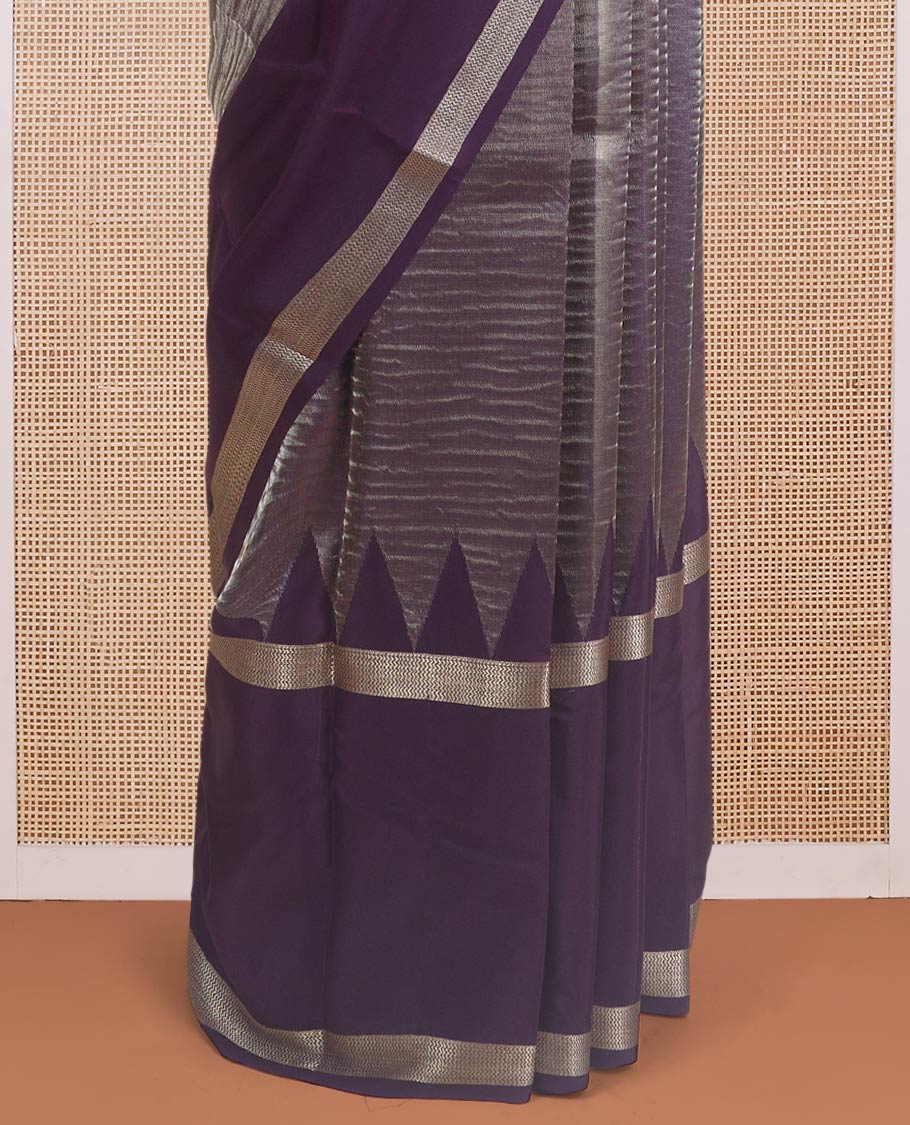 Gleaming purple crushed style plain Mysore silk saree, contrast temple traditional rettai pettu zari border, and pallu steeped with Pichwai motifs