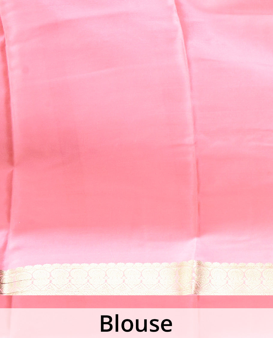 Black zari buttas Mysore silk saree, contrast traditional zari woven pink border, and zari striped pallu