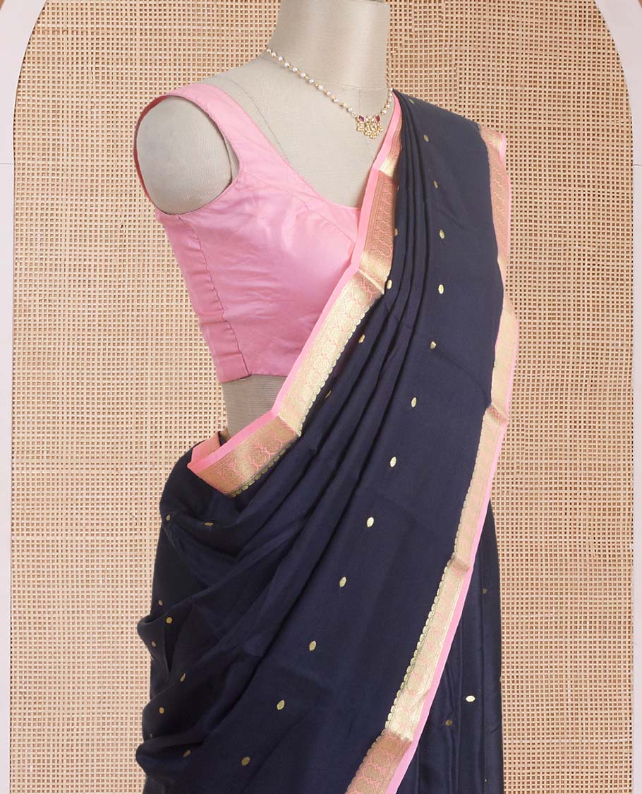 Black zari buttas Mysore silk saree, contrast traditional zari woven pink border, and zari striped pallu