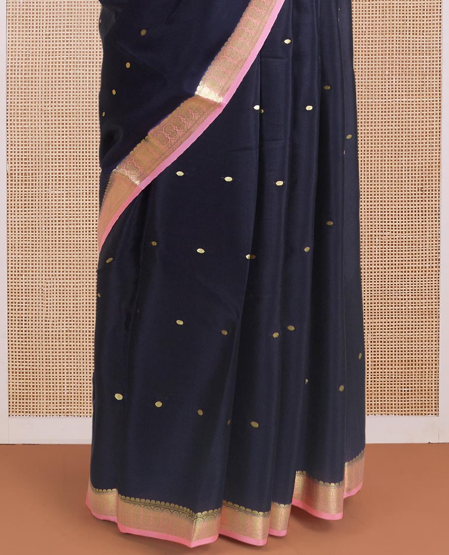 Black zari buttas Mysore silk saree, contrast traditional zari woven pink border, and zari striped pallu