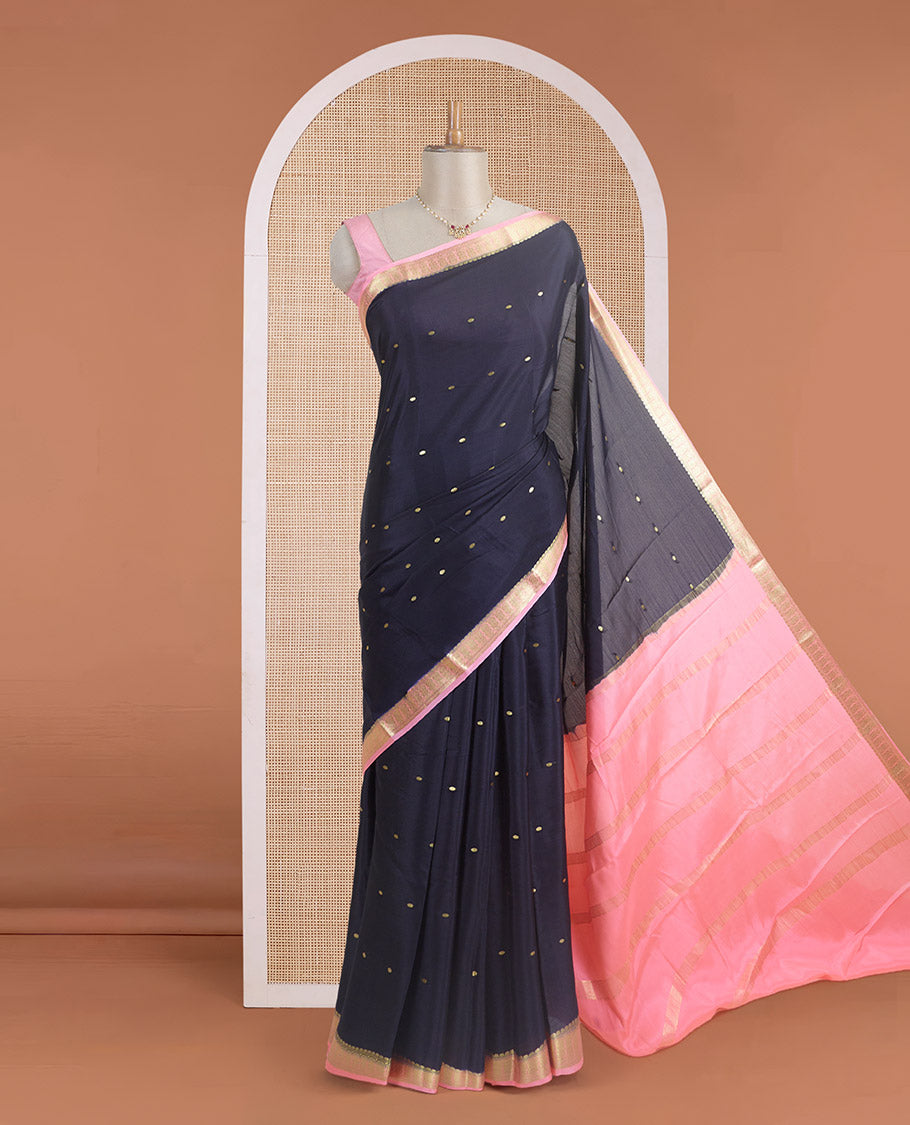 Black zari buttas Mysore silk saree, contrast traditional zari woven pink border, and zari striped pallu