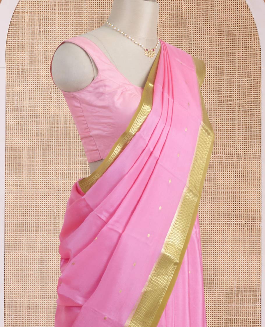 Pink zari buttas Mysore silk saree, contrast traditional motifs woven zari border, and Mughal style motifs woven pallu