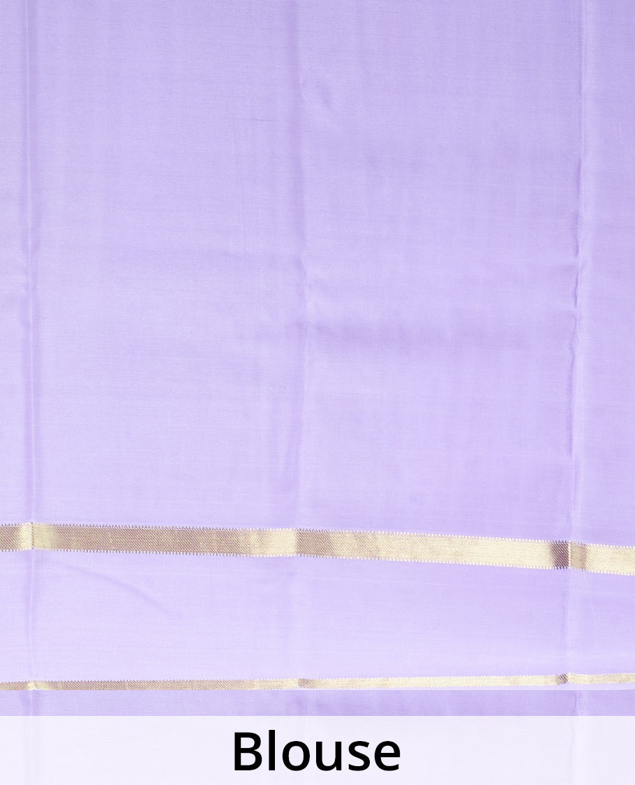 Lavender yaali, peacock and zari buttas woven Mysore silk saree, rettai pettu traditional zari border, and jaal pallu