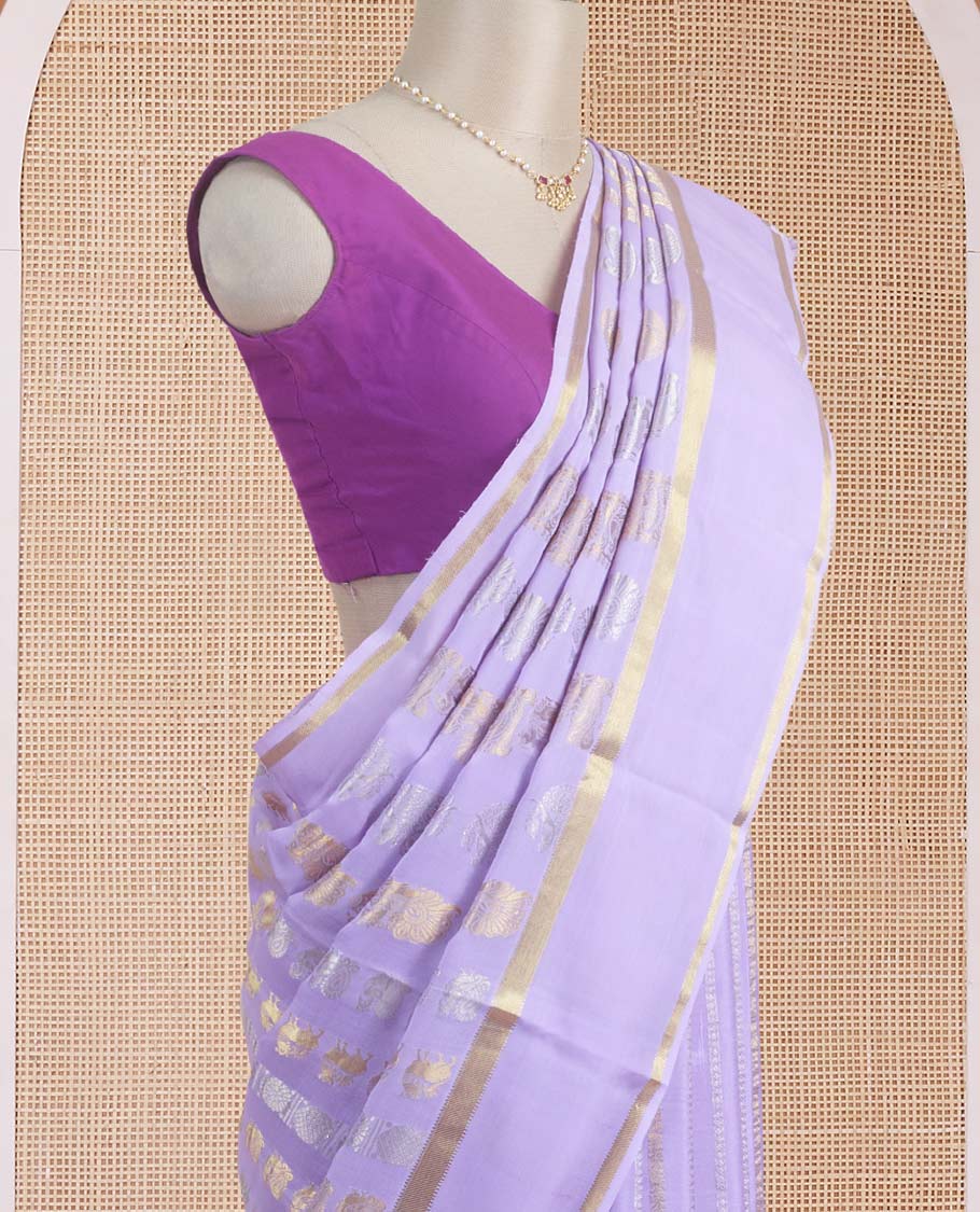 Lavender yaali, peacock and zari buttas woven Mysore silk saree, rettai pettu traditional zari border, and jaal pallu