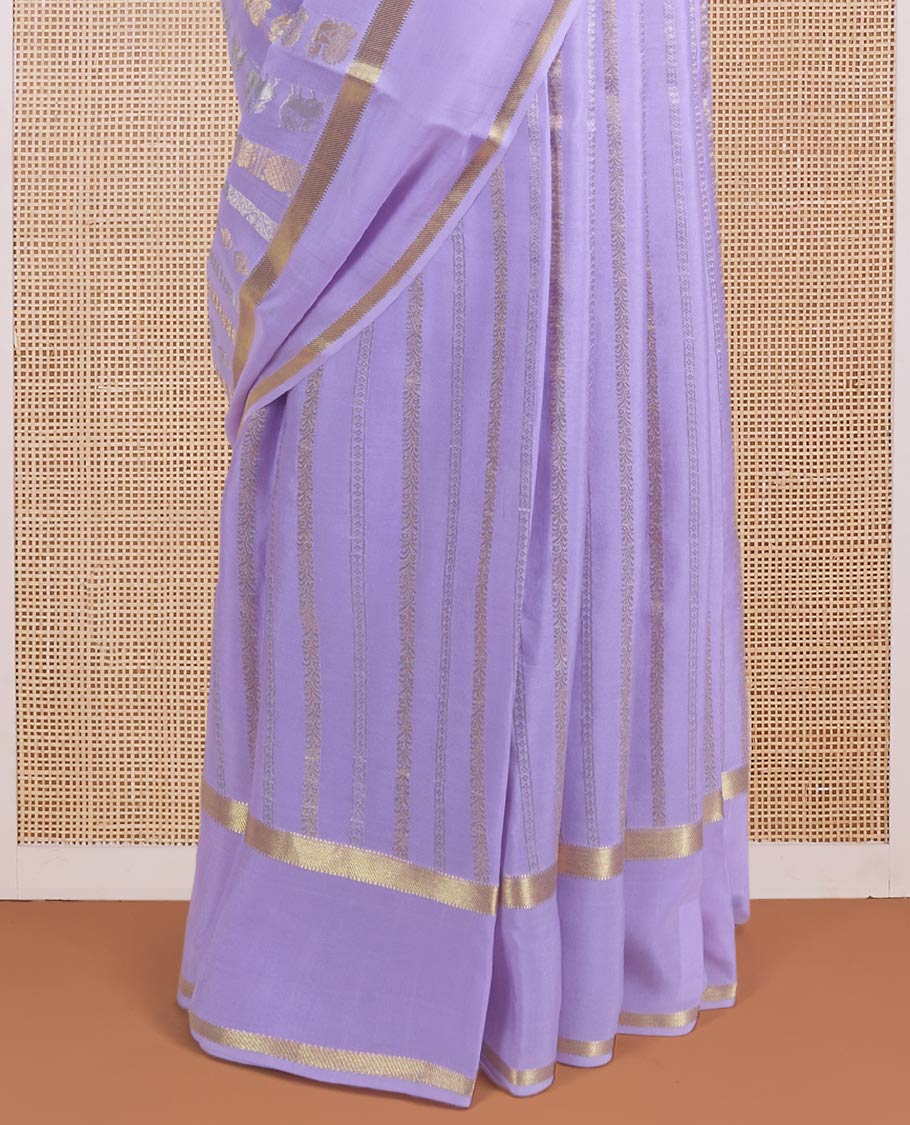 Lavender yaali, peacock and zari buttas woven Mysore silk saree, rettai pettu traditional zari border, and jaal pallu