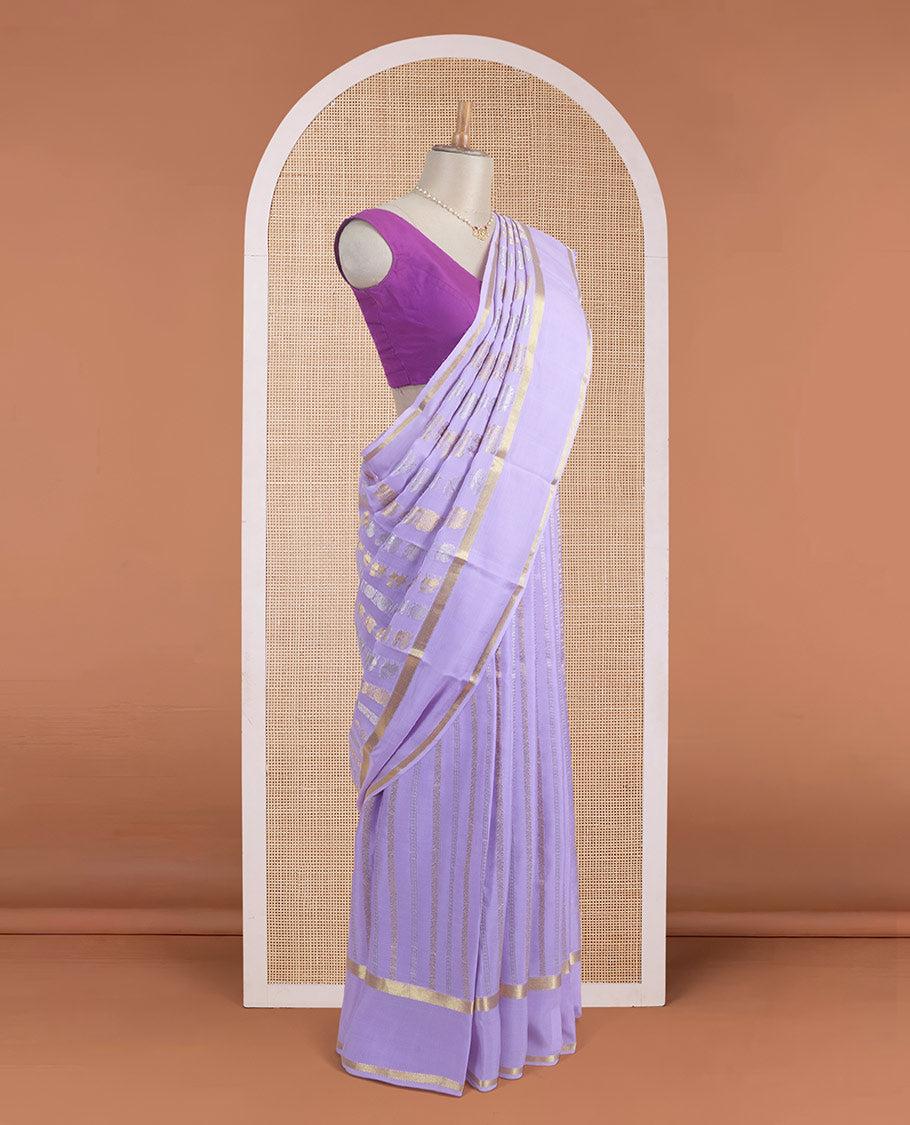 Lavender yaali, peacock and zari buttas woven Mysore silk saree, rettai pettu traditional zari border, and jaal pallu