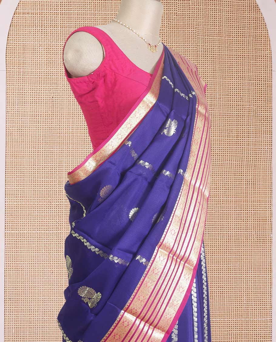 Blue veldhari, and peacock zari design Mysore silk saree, contrast traditional zari design border, and Mughal-inspired zari design pallu