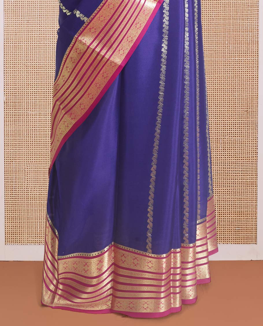 Blue veldhari, and peacock zari design Mysore silk saree, contrast traditional zari design border, and Mughal-inspired zari design pallu