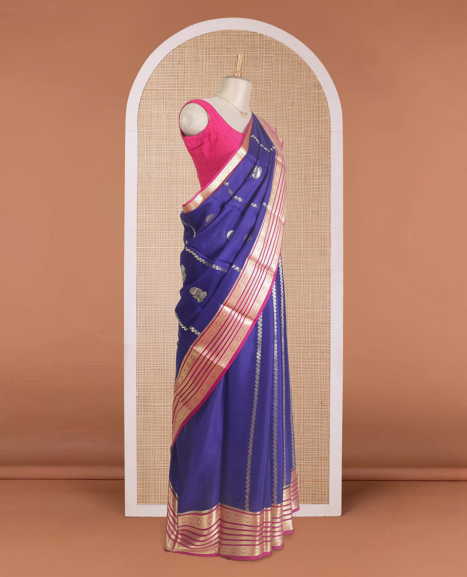 Blue floral jaal jacquard fancy crepe saree, floral design zari border, and floral jaal pallu