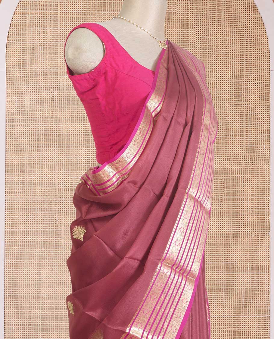 Maroon scallop shell zari buttas Mysore silk saree, contrast traditional zari border, and Mughal style zari design pallu