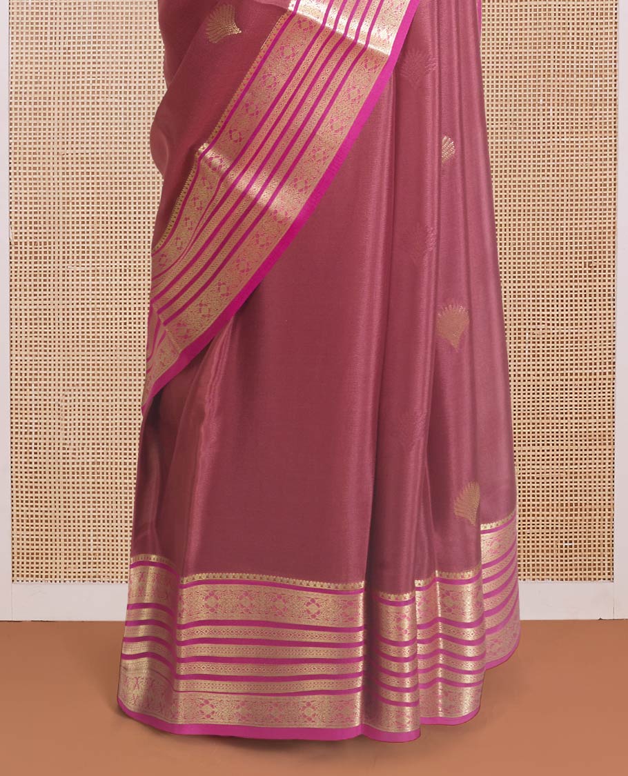 Maroon scallop shell zari buttas Mysore silk saree, contrast traditional zari border, and Mughal style zari design pallu