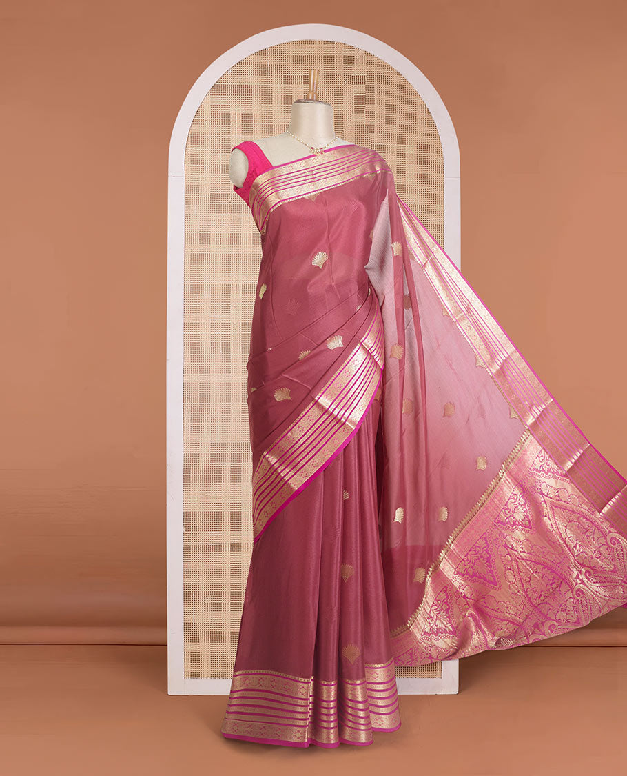 Purple floral bouquet zari buttas banarasi kathan silk saree, contrast floral creeper zari border, and intricate pallu