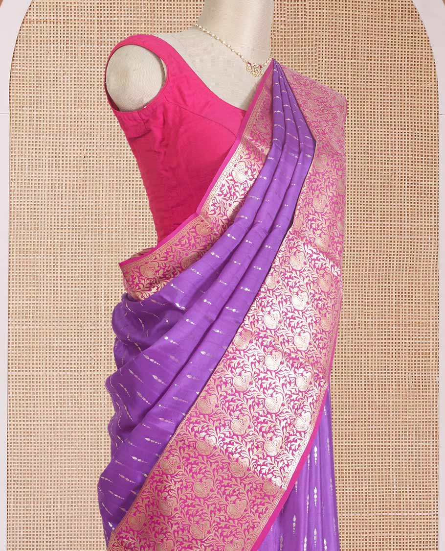 Violet zari buttas Mysore silk saree, contrast zari border, and pallu of peacock, and floral jaal design
