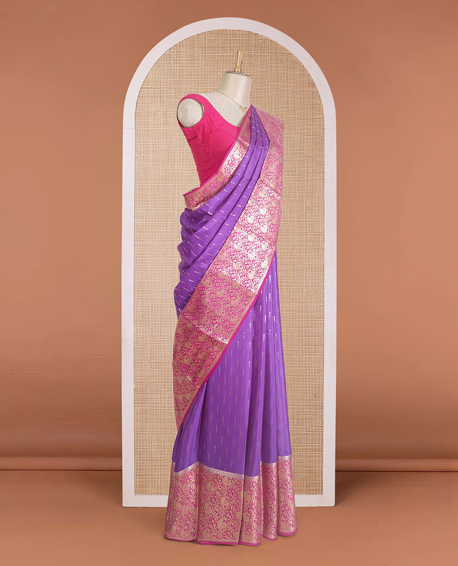 Violet zari buttas Mysore silk saree, contrast zari border, and pallu of peacock, and floral jaal design