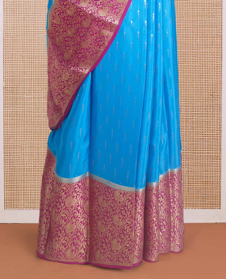Blue zari buttas Mysore silk saree, contrast zari border, and pallu of peacock, and floral jaal design