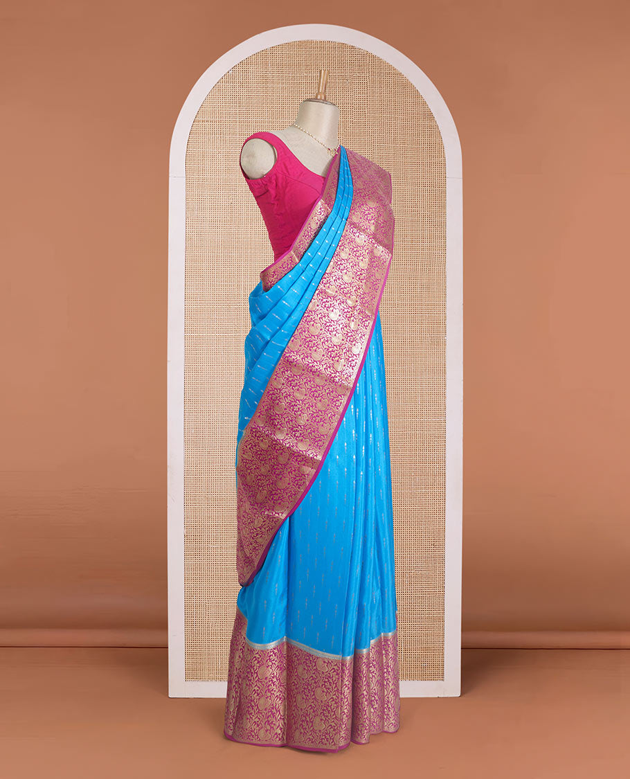Blue zari buttas Mysore silk saree, contrast zari border, and pallu of peacock, and floral jaal design