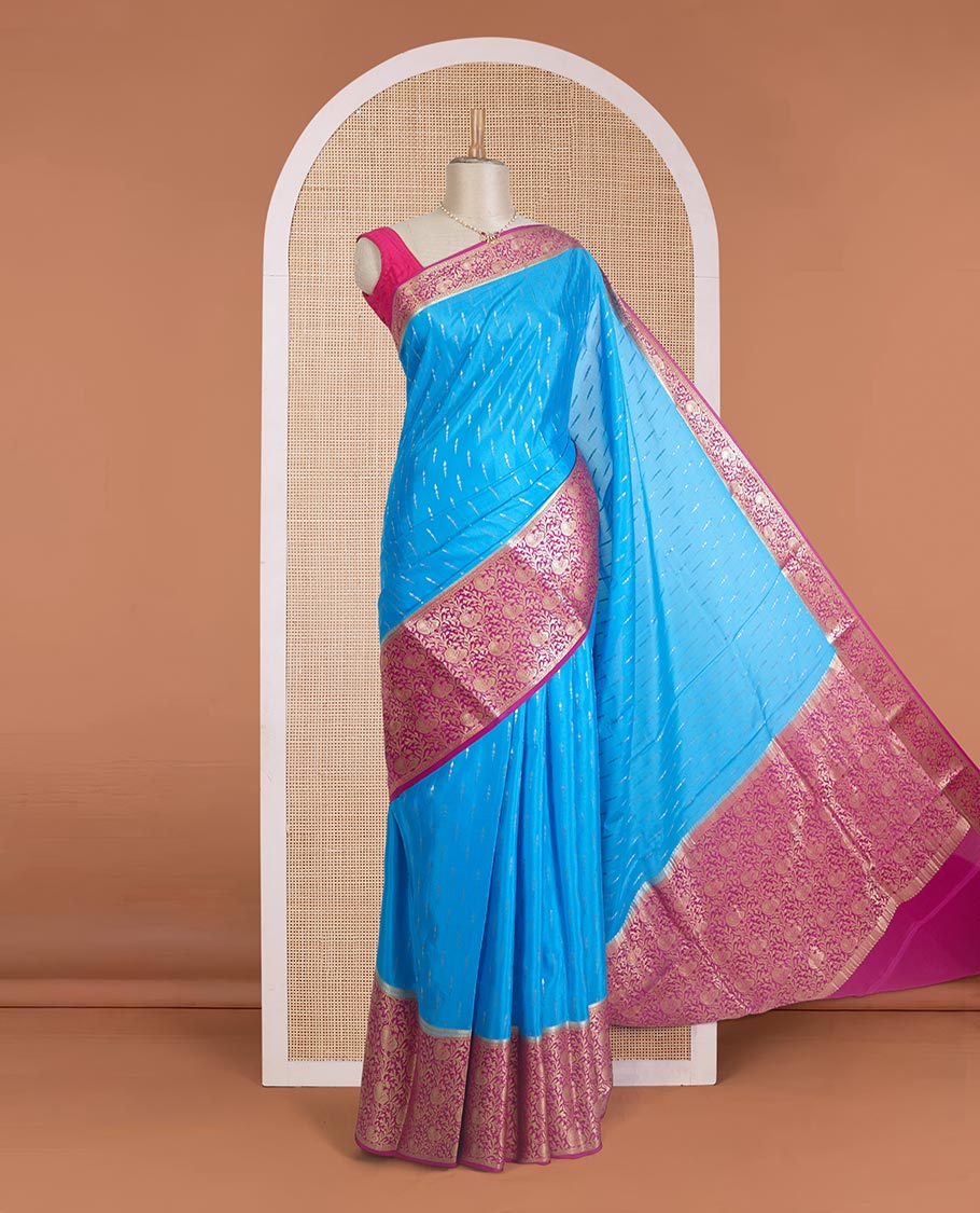 Blue zari buttas Mysore silk saree, contrast zari border, and pallu of peacock, and floral jaal design
