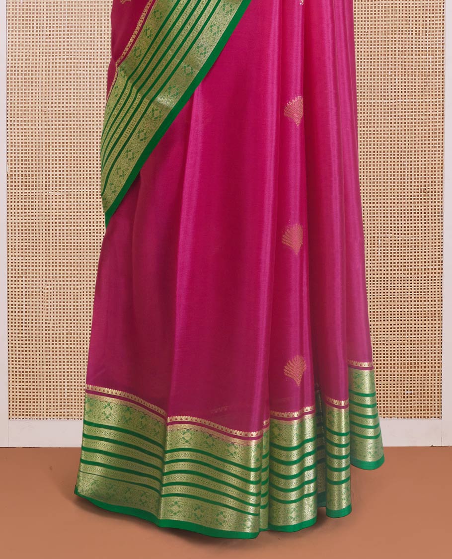 Maroon scallop shell zari buttas Mysore silk saree, contrast traditional zari border, and Mughal style zari design pallu