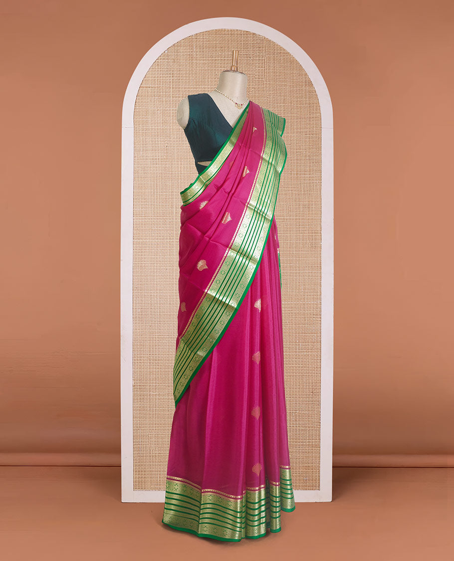 Maroon scallop shell zari buttas Mysore silk saree, contrast traditional zari border, and Mughal style zari design pallu