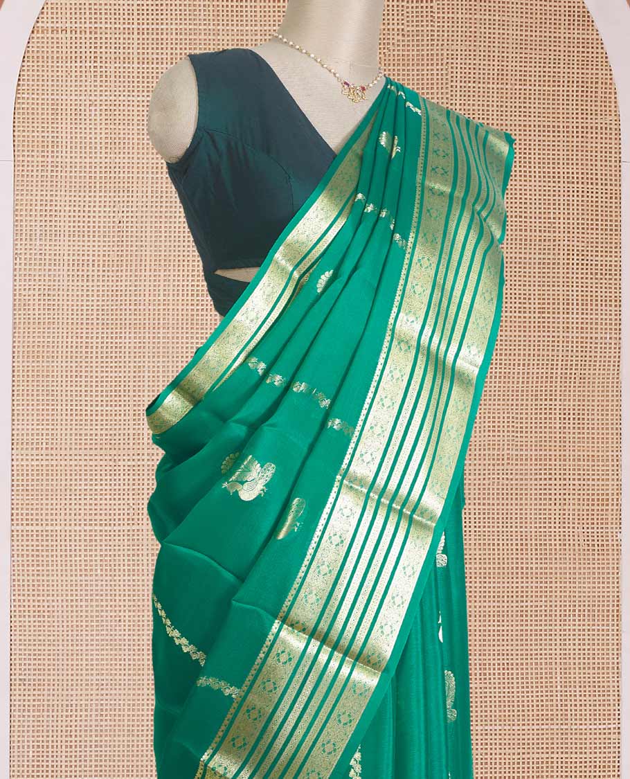 Green veldhari, and peacock zari design Mysore silk saree, traditional zari design border, and Mughal-inspired zari design pallu