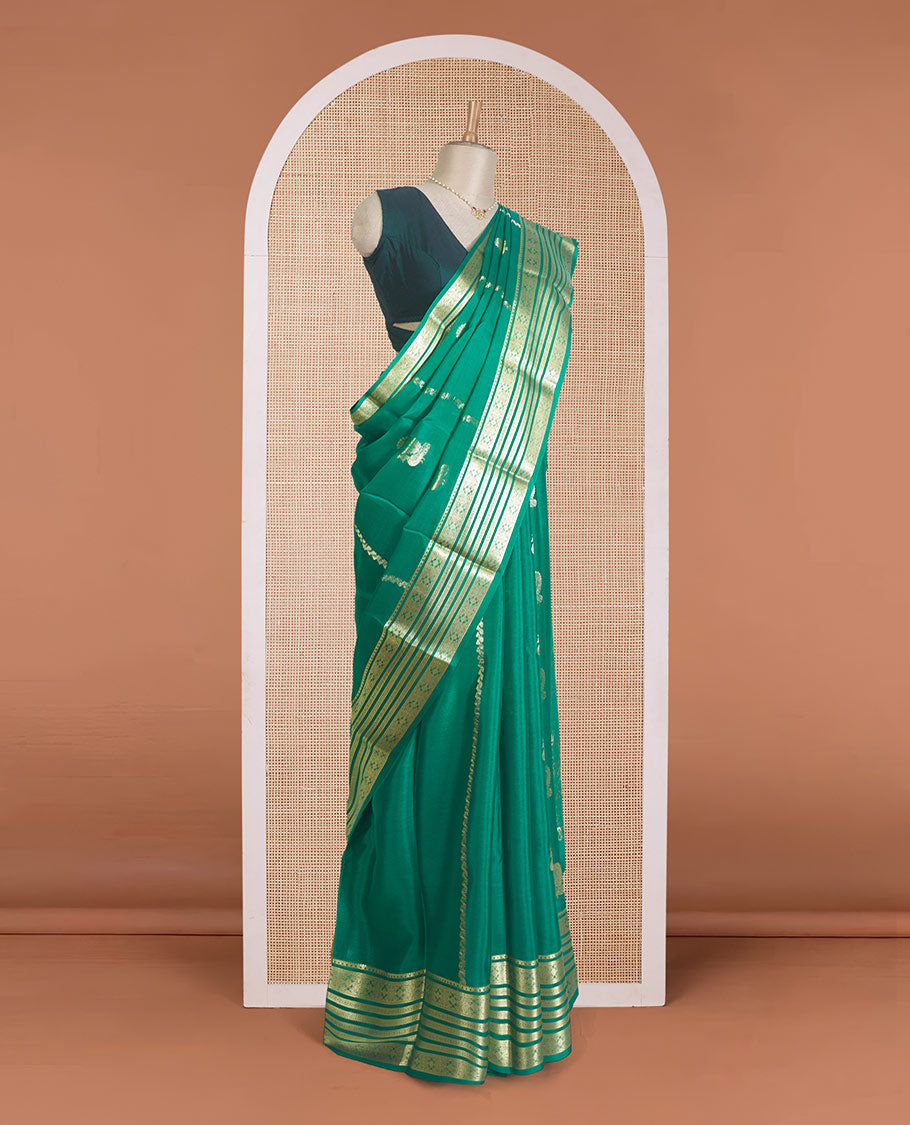Green veldhari, and peacock zari design Mysore silk saree, traditional zari design border, and Mughal-inspired zari design pallu